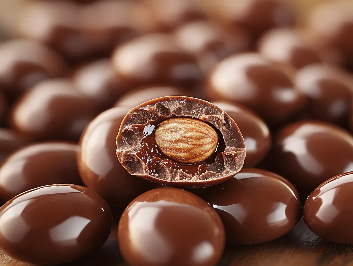 Shiny chocolate covered almonds with a crunchy almond center