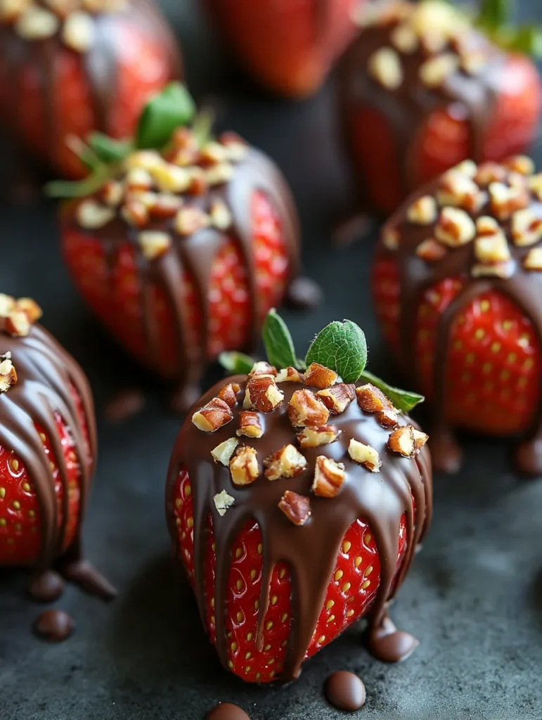 Fresh strawberries dipped in chocolate and sprinkled with chopped nuts, served on a tray