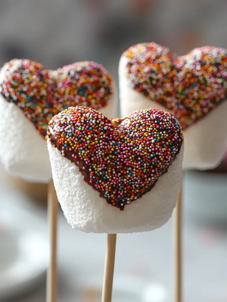 Heart-shaped marshmallows on sticks, dipped in chocolate and covered with colorful sprinkles.