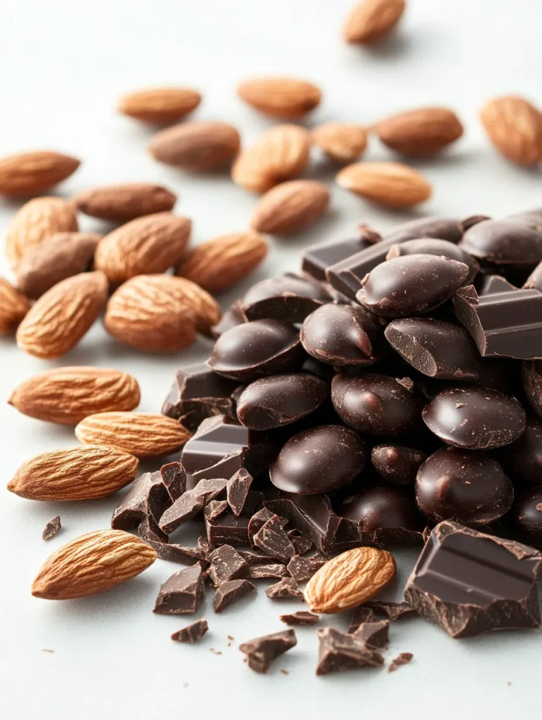 Dark chocolate covered almonds with raw almonds and broken chocolate pieces
