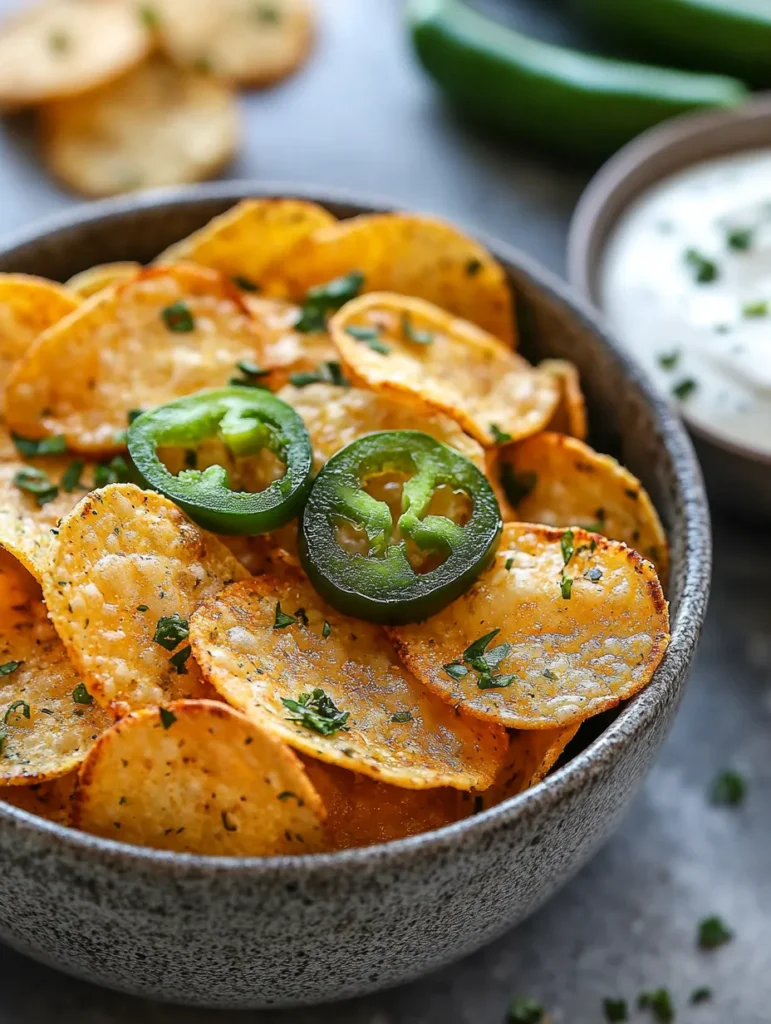 A bowl of crispy jalapeño chips served with ranch dip on the side