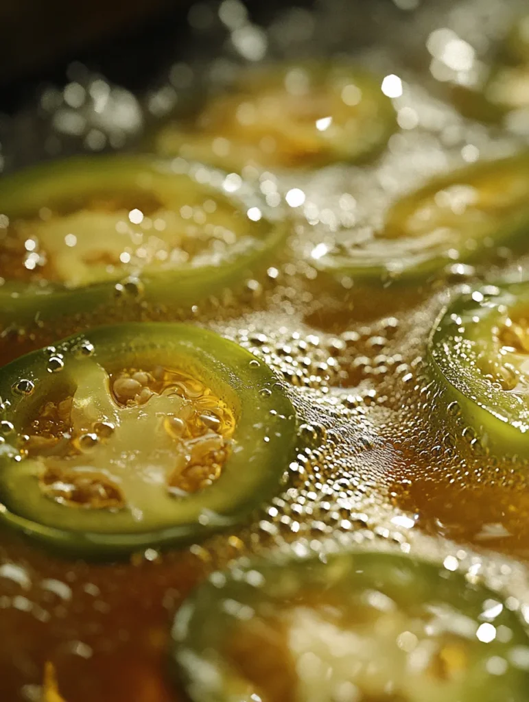 Close-up of jalapeño slices frying in oil with bubbling edges