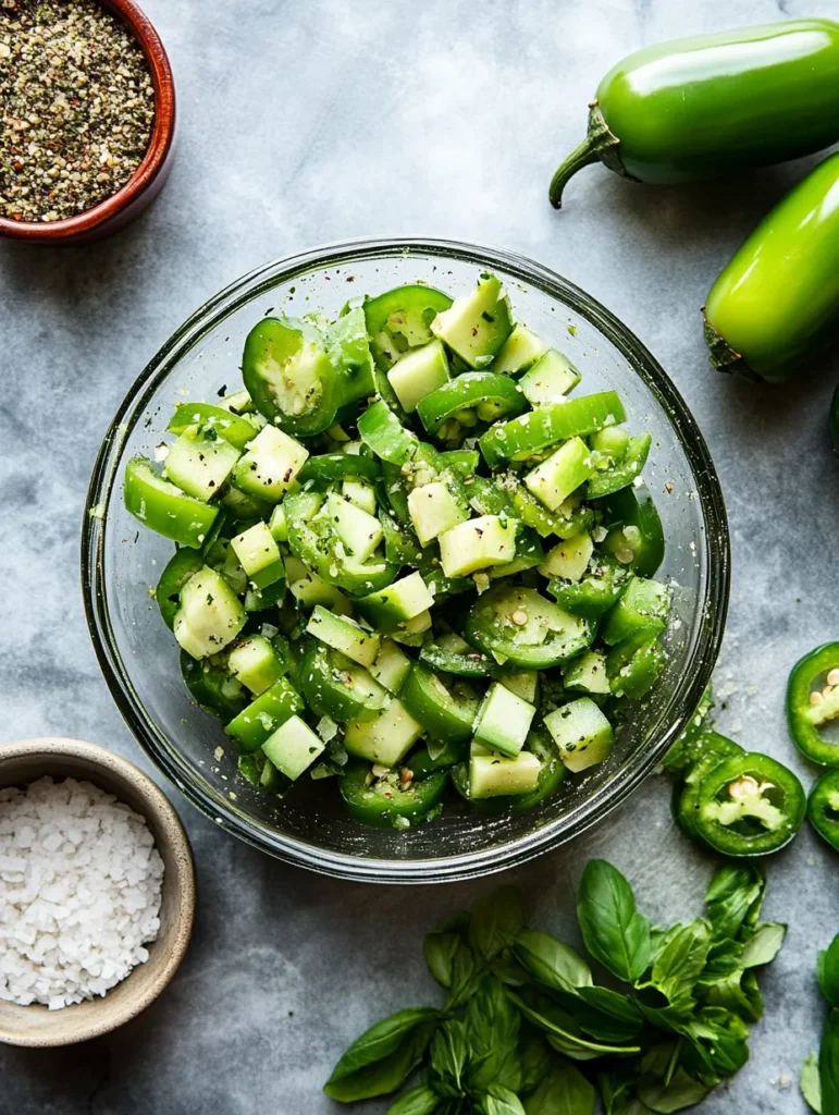 Sliced fresh jalapeños with seasoning on a wooden cutting board