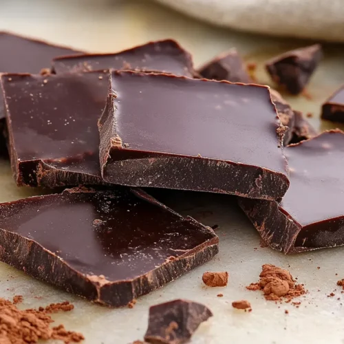 Glossy homemade dark chocolate bar on a rustic surface