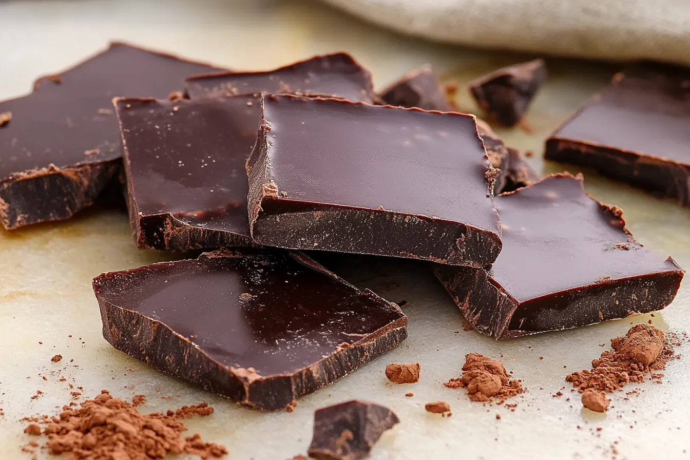 Glossy homemade dark chocolate bar on a rustic surface