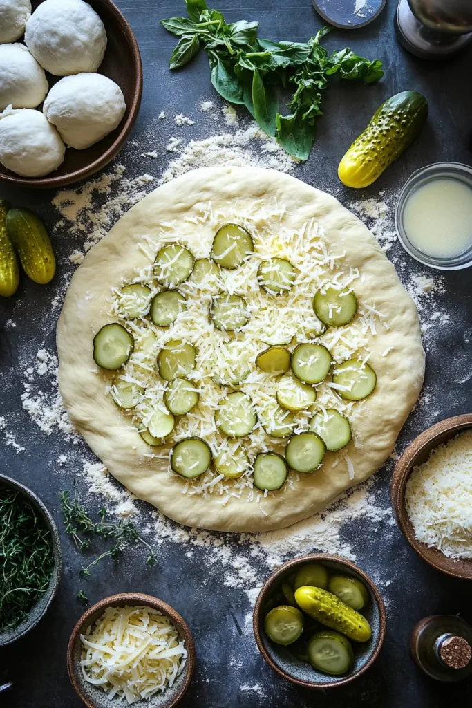 Pizza dough, cheese, pickles