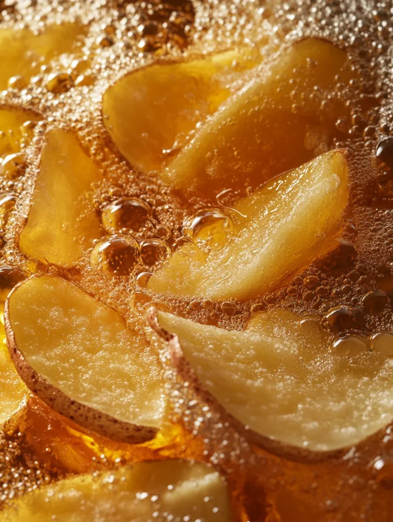 Potato slices frying in bubbling oil with crisping edges
