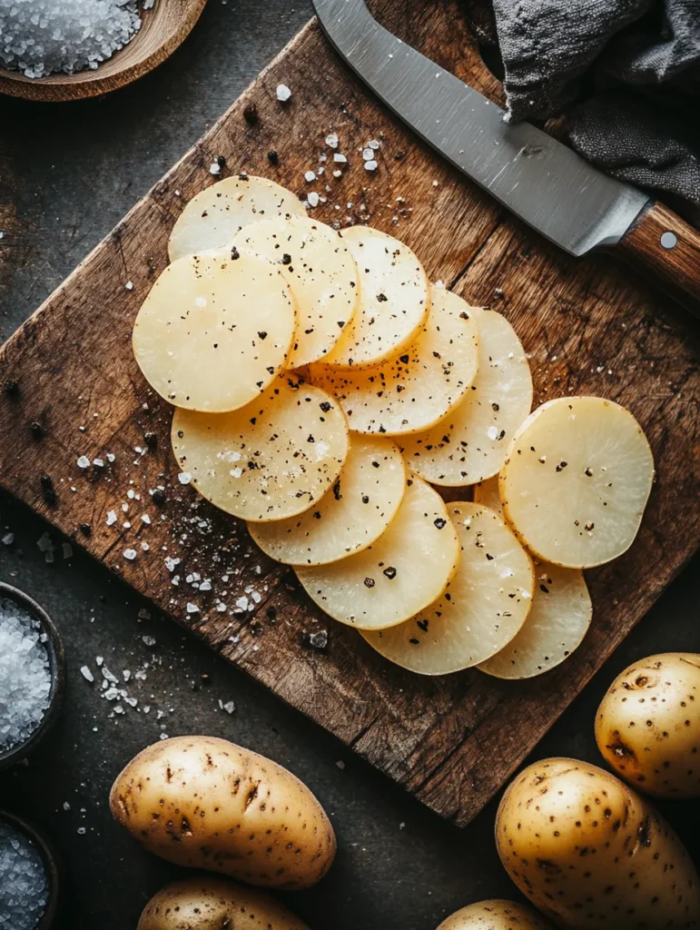Freshly sliced potatoes on a cutting board with salt and pepper