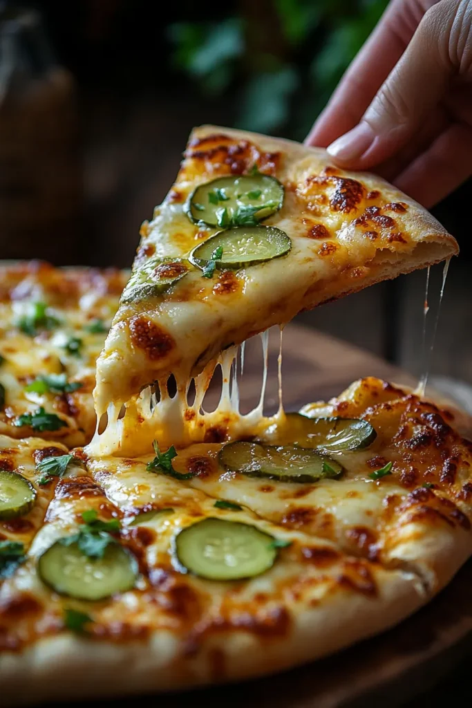 Slice of pickle pizza being lifted
