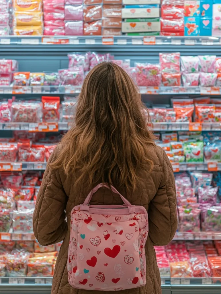 A woman with long hair and a pink, heart-patterned bag browsing a colorful aisle filled with Valentine's candy
