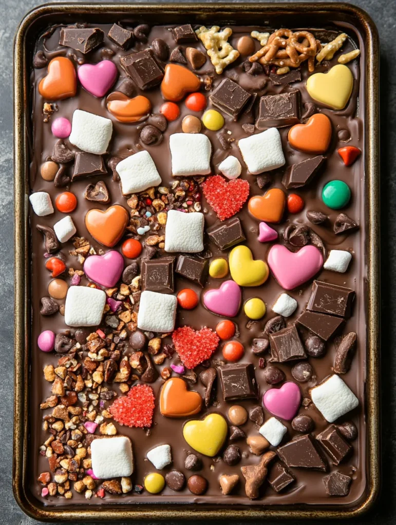 A baking sheet with melted chocolate topped with heart-shaped candies, marshmallows, pretzels, and colorful sprinkles