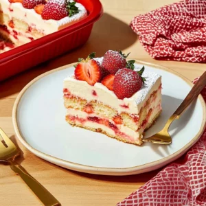A slice of strawberry tiramisu on a white plate, showing creamy mascarpone layers, ladyfingers, and fresh strawberries on top.