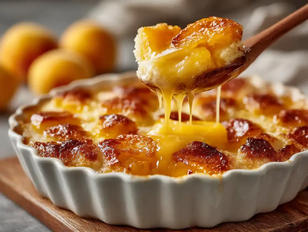 Spoonful of batter over juicy peaches