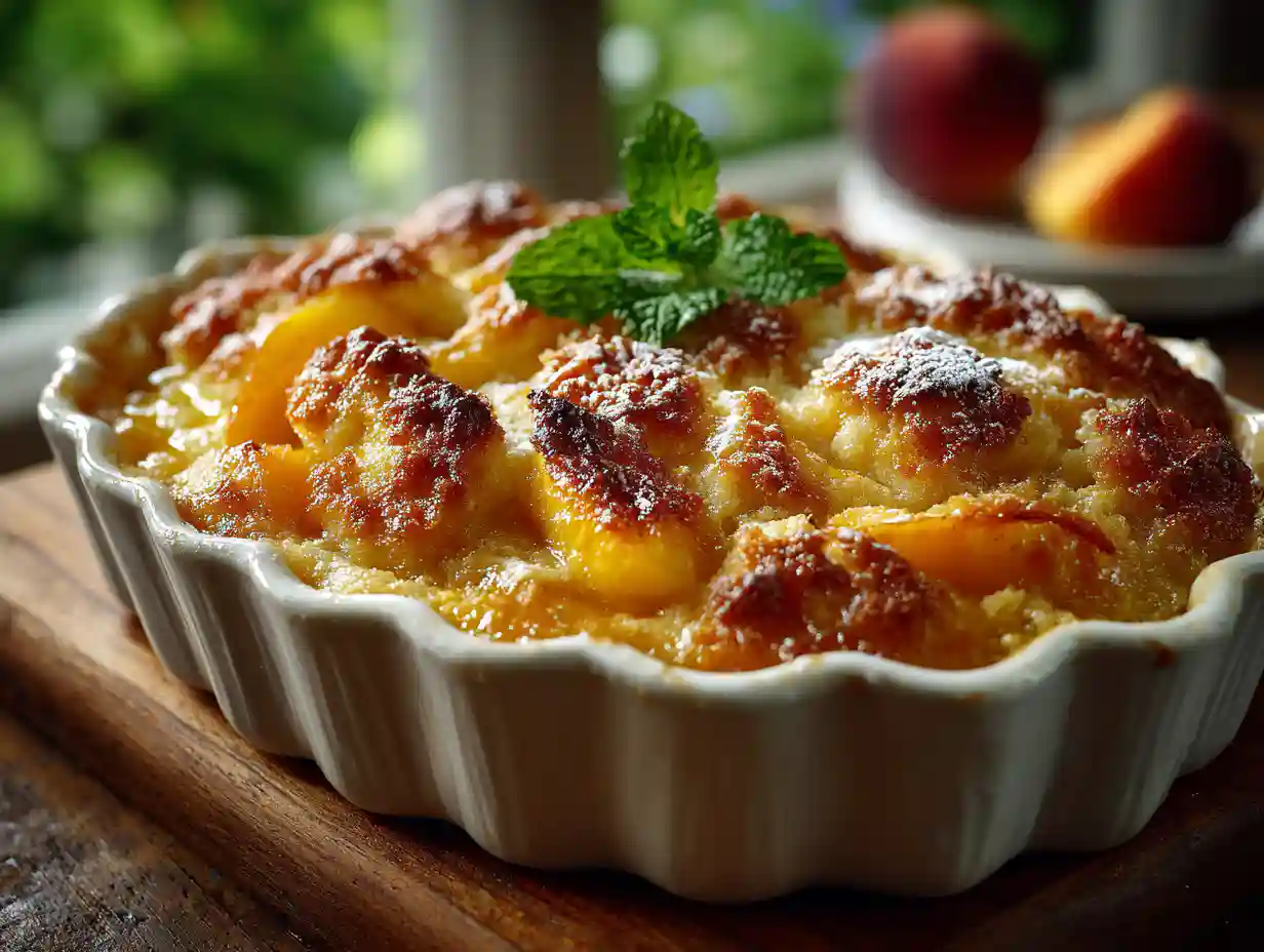Golden peach cobbler served in a rustic dish