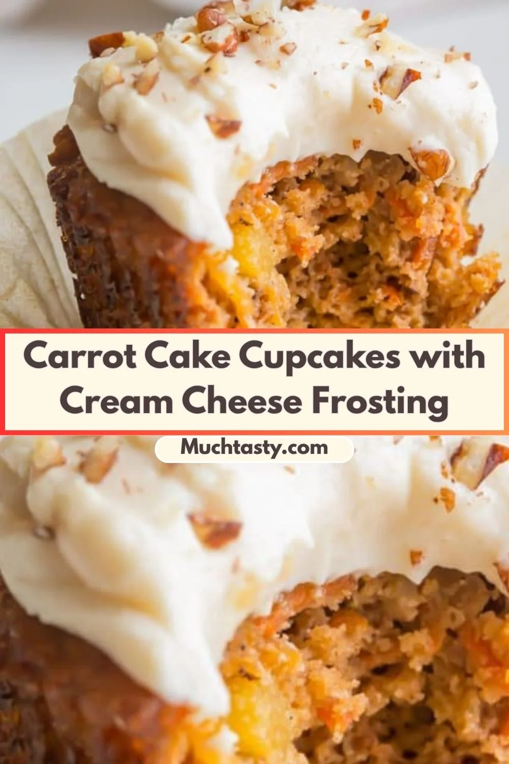 Delicious carrot cake cupcakes topped with cream cheese frosting on a white plate