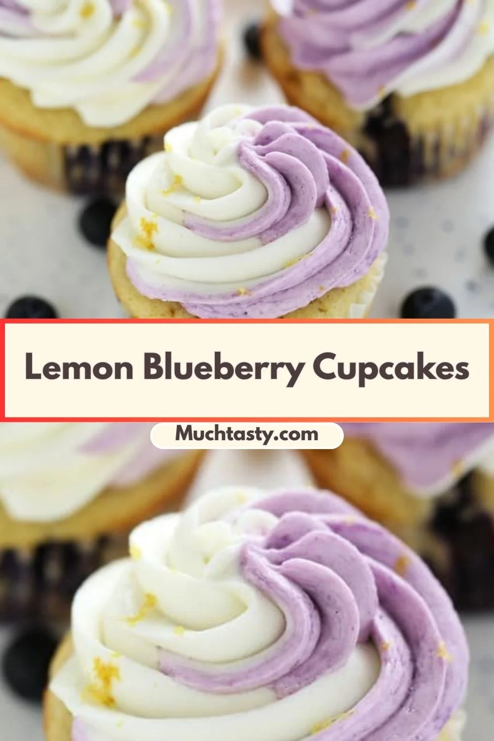 Lemon Blueberry Cupcakes topped with buttercream frosting and fresh blueberries
