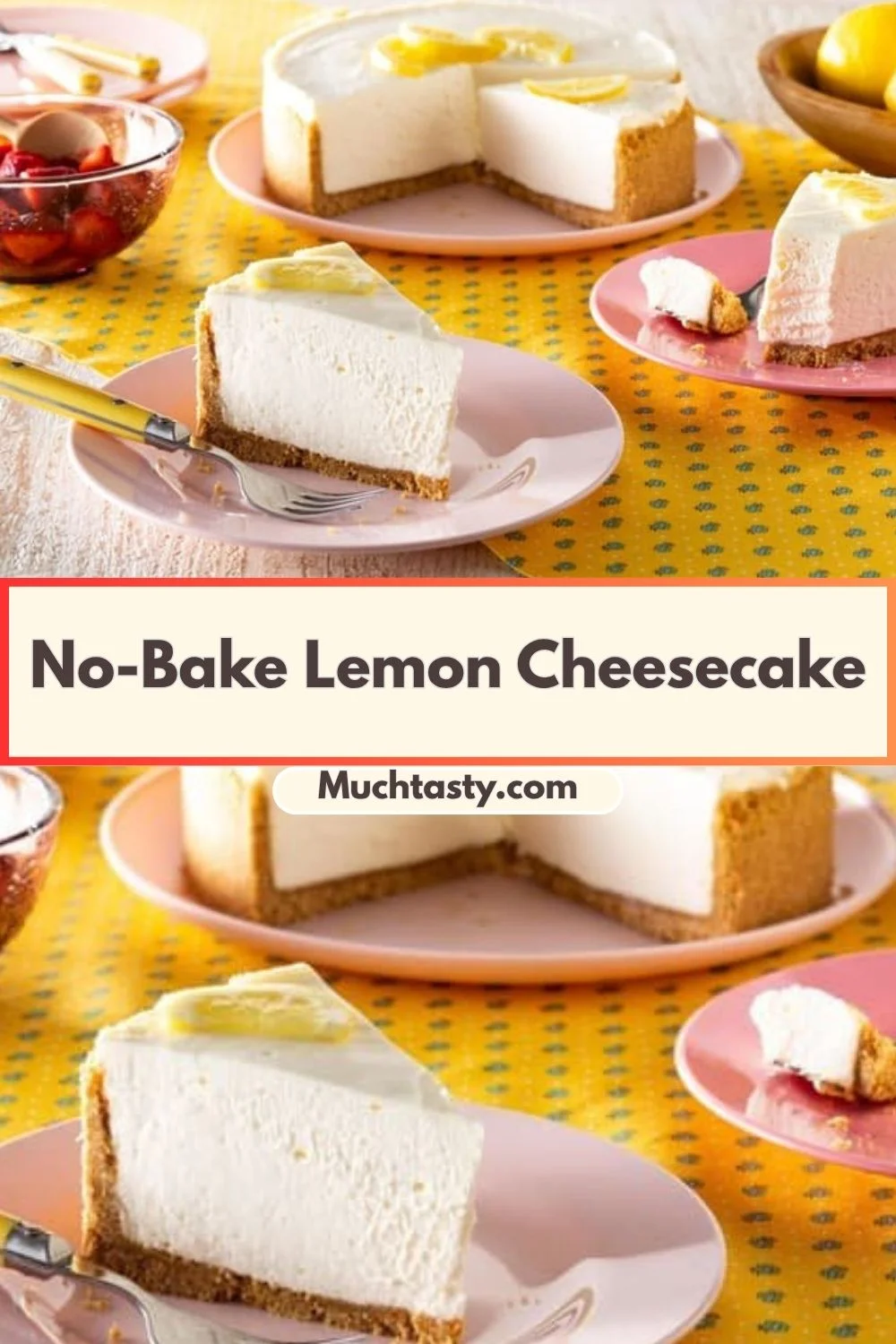 Delicious no-bake lemon cheesecake slice on a plate garnished with lemon slices