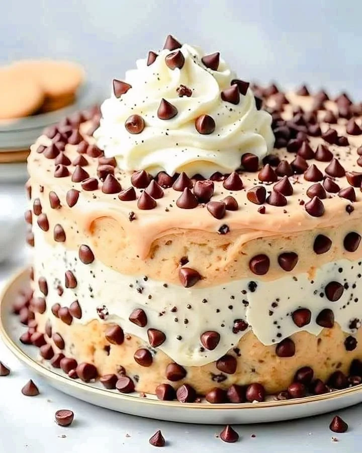 Delicious summer chocolate chip cookie icebox cake with cookie layers and cream