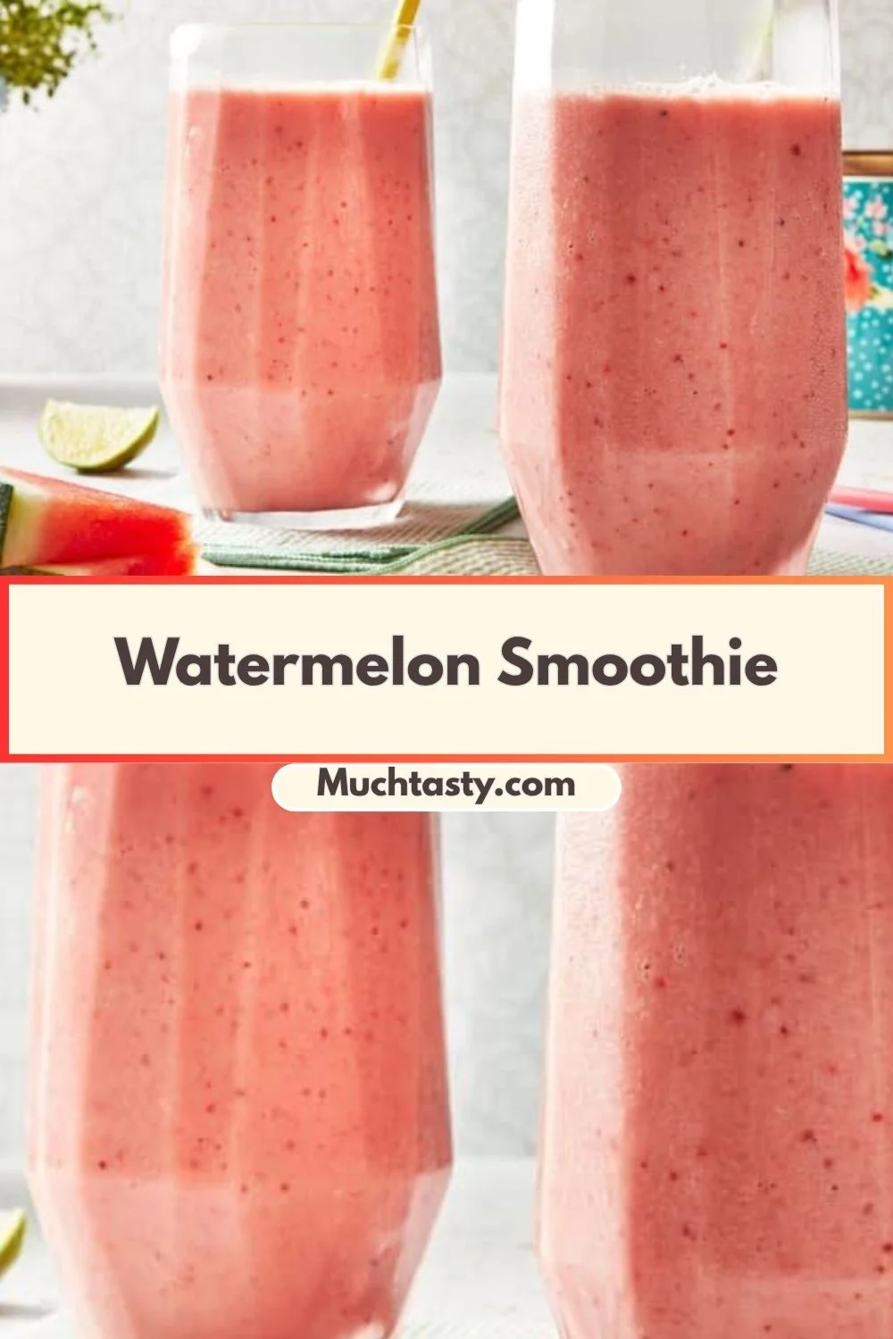 Fresh watermelon smoothie in a glass with mint garnish on a wooden table