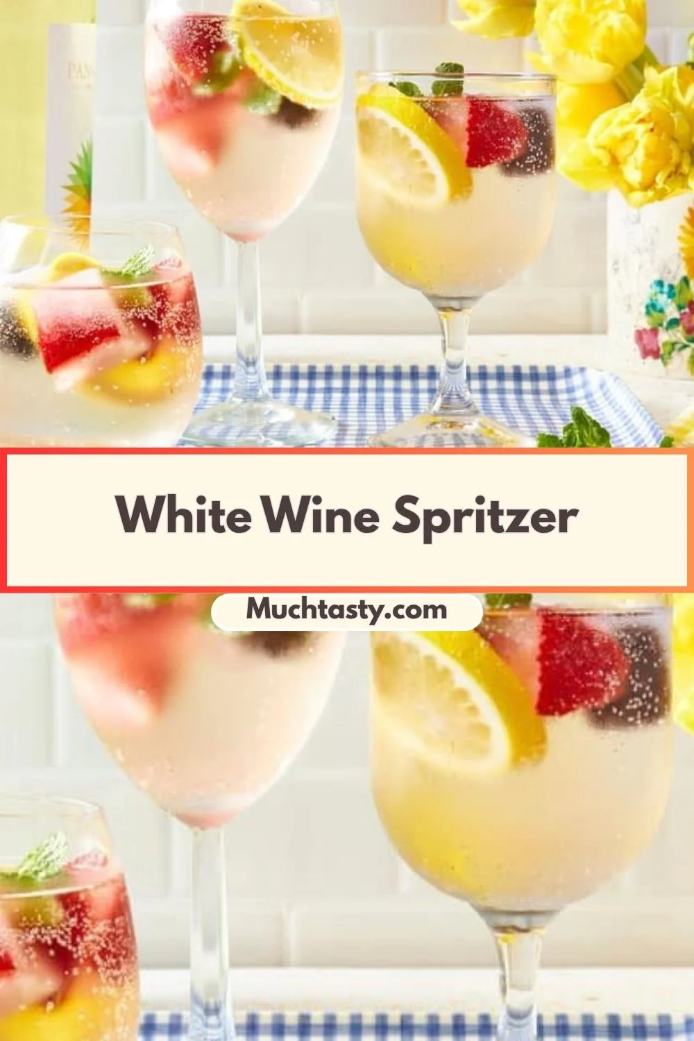 A refreshing white wine spritzer served in a glass with ice and lemon slices.